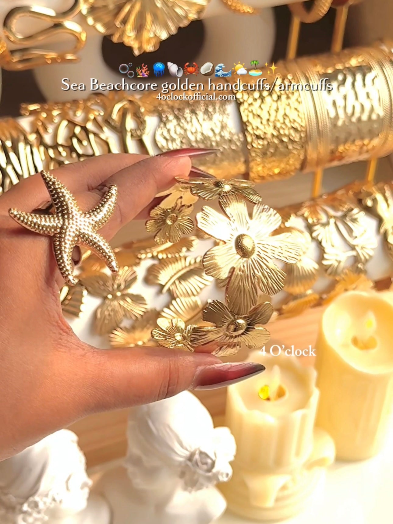 ✨HC146: 18k Gold Plated Stainless Steel Handcuff for Stack: Floral Cuff (Golden)✨