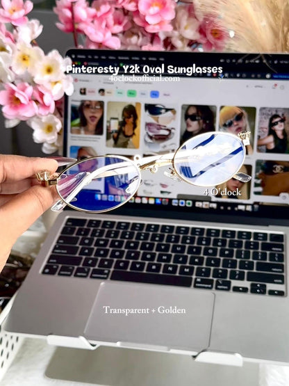 S37: Pinteresty Y2K Diamond Metal Oval Sunglasses - Transparent + Golden (with box)