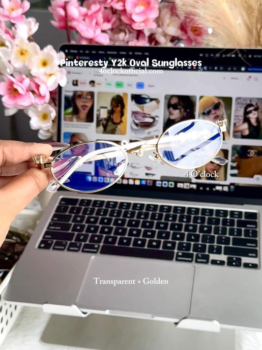 S37: Pinteresty Y2K Diamond Metal Oval Sunglasses - Transparent + Golden (with box)