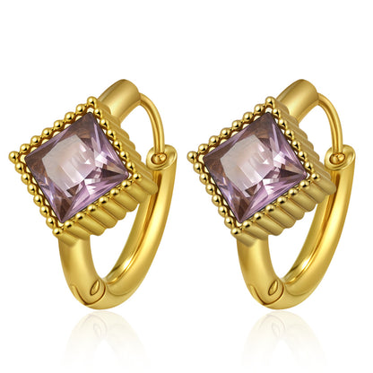 GE38: 18K Gold Plated Premium Stainless Steel Zircon Earrings: Square Pink Purple Diamond