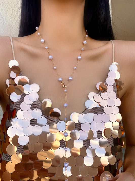 YN10: Y Shape Necklace: Golden Big+Small Pearl Mixed
