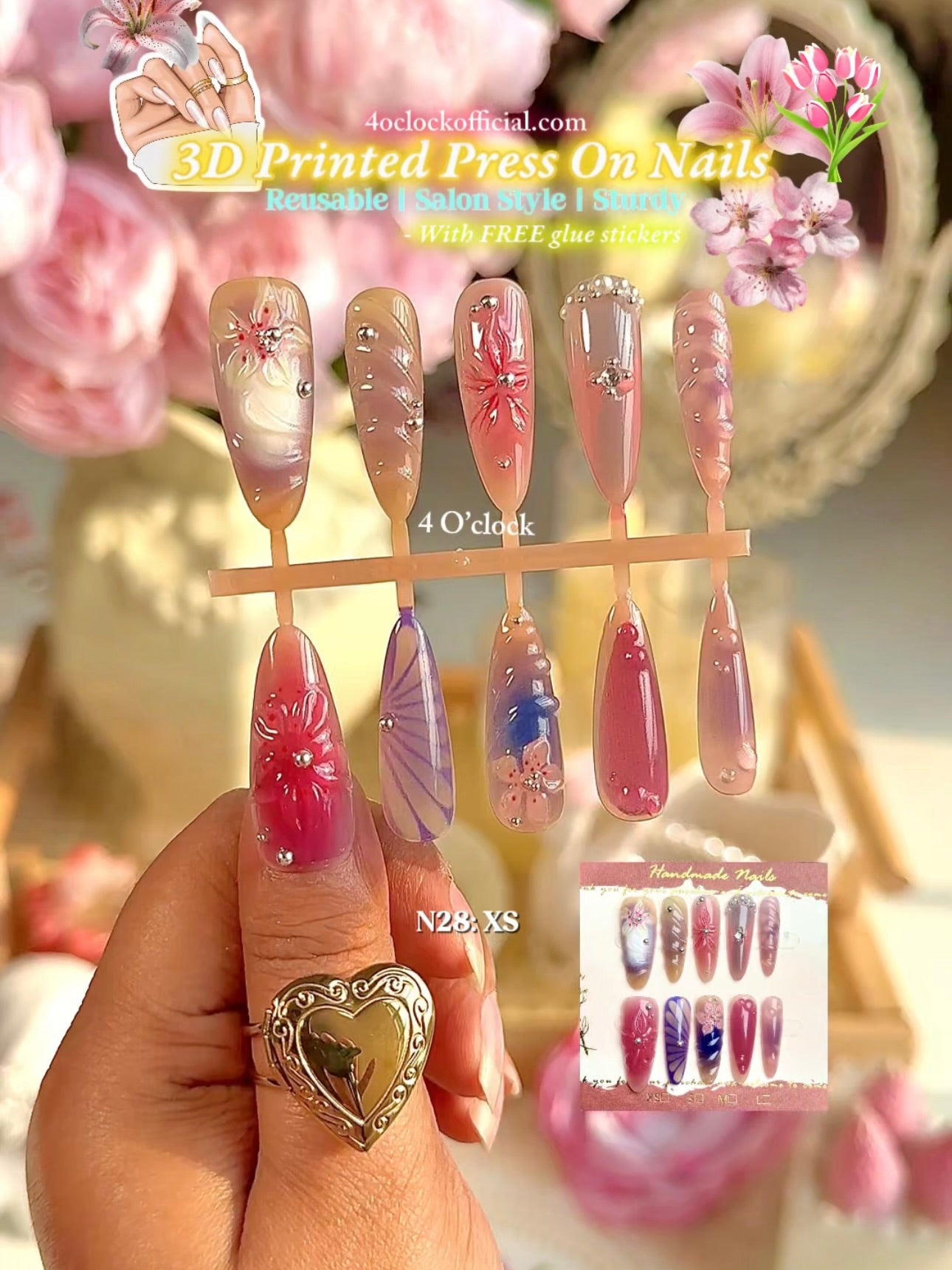 N28: Press On Nails: Floral Confetti. Size M (10 Pcs) - With 12pcs FREE glue stickers
