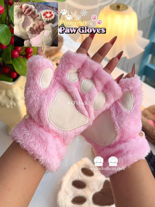 Cat Paw Plush Hand Gloves: Pink
