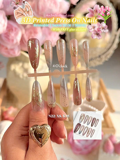 N22: Press On Nails: Precious Petals. Size M(10 Pcs) - With 12pcs FREE glue stickers.