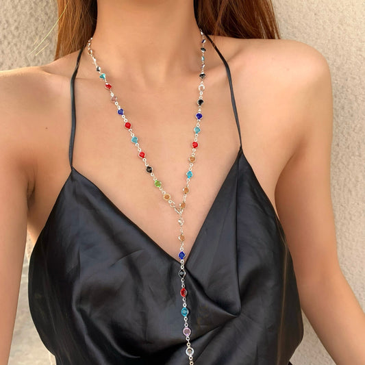 YN02: Y Shape Necklace: Multi Colored Silver