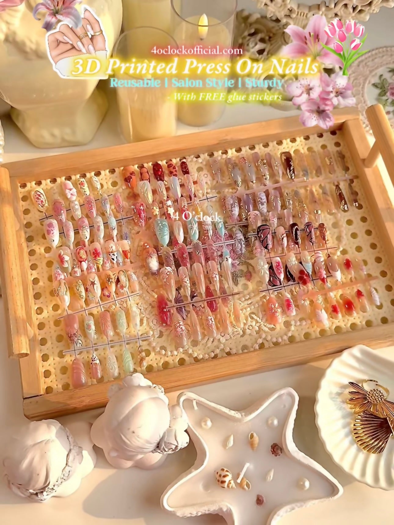 N01: Press On Nails: Red Cherry Heart. Size M (10 Pcs) - With 12pcs FREE glue stickers.