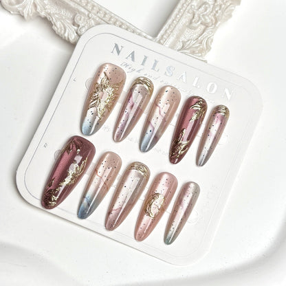 N22: Press On Nails: Precious Petals. Size M(10 Pcs) - With 12pcs FREE glue stickers.