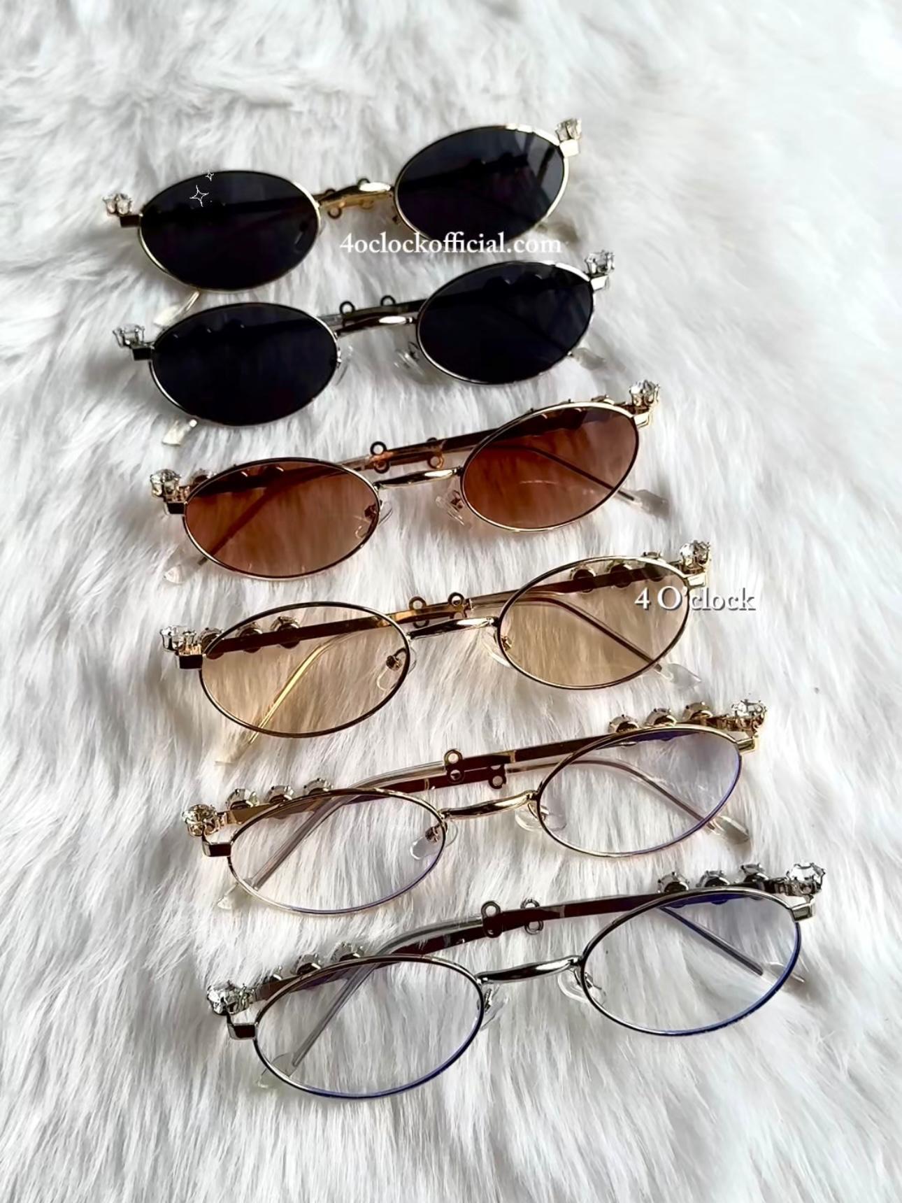 S37: Pinteresty Y2K Diamond Metal Oval Sunglasses - Transparent + Golden (with box)
