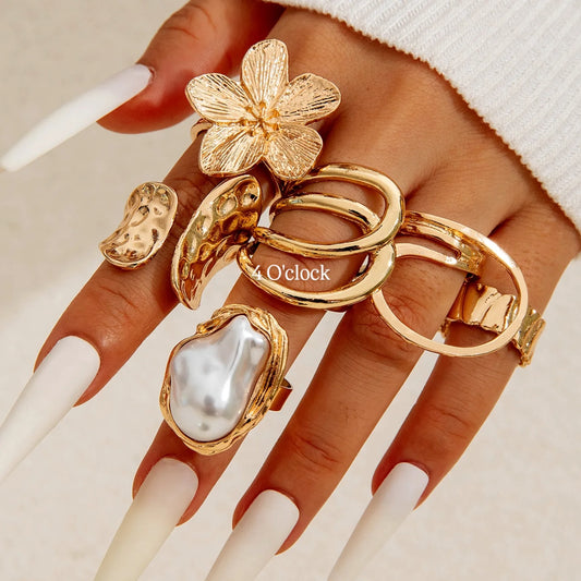 ✨RS82: Maximalistic Finger Ring Sets (Golden) - 6pcs (Adjustable-Non adjustable mixed sizes)