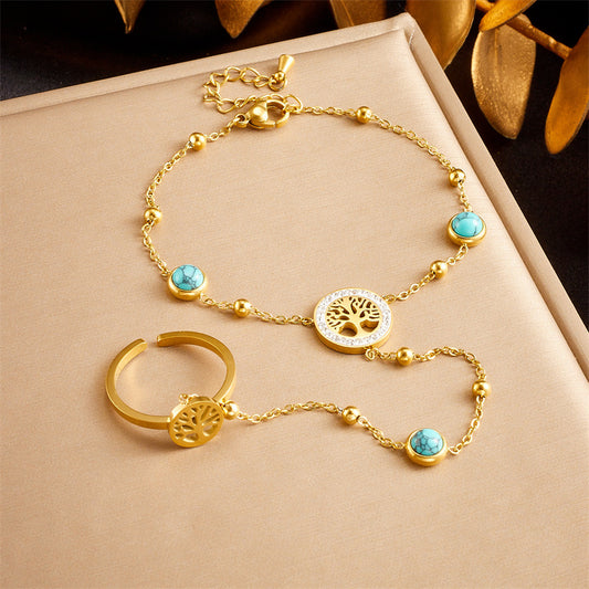RB18: Stainless Steel Zircon Handchain: Turquoise Stone
