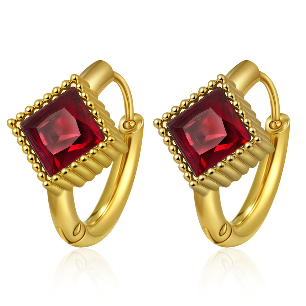 GE36: 18K Gold Plated Premium Stainless Steel Zircon Earrings: Square Red Diamond