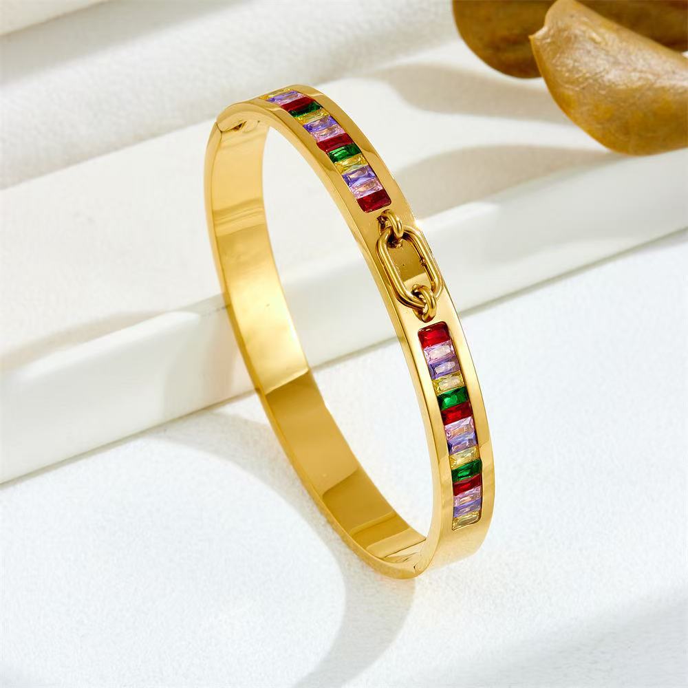 CB11: 18k Gold Plated Premium Stainless Steel Cuff Bangles: Stacked Multicolor Stone