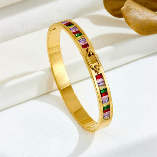 CB11: 18k Gold Plated Premium Stainless Steel Cuff Bangles: Stacked Multicolor Stone