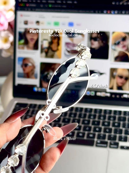 S34: Pinteresty Y2K Diamond Metal Oval Sunglasses - Black + Silver (with box)