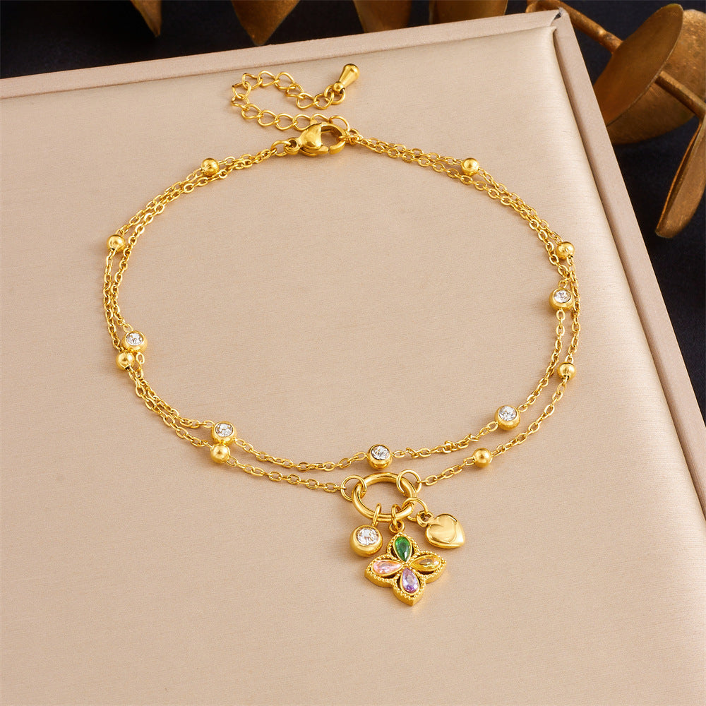 A76: 18K Gold Plated Stainless Steel Minimalist Anklet: Flower Charm