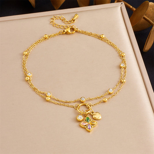 A76: 18K Gold Plated Stainless Steel Minimalist Anklet: Flower Charm