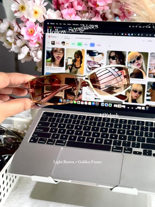 S27: Pinteresty Y2k Metal Hollow Sunglasses - Light Brown + Golden (with box) Unisex