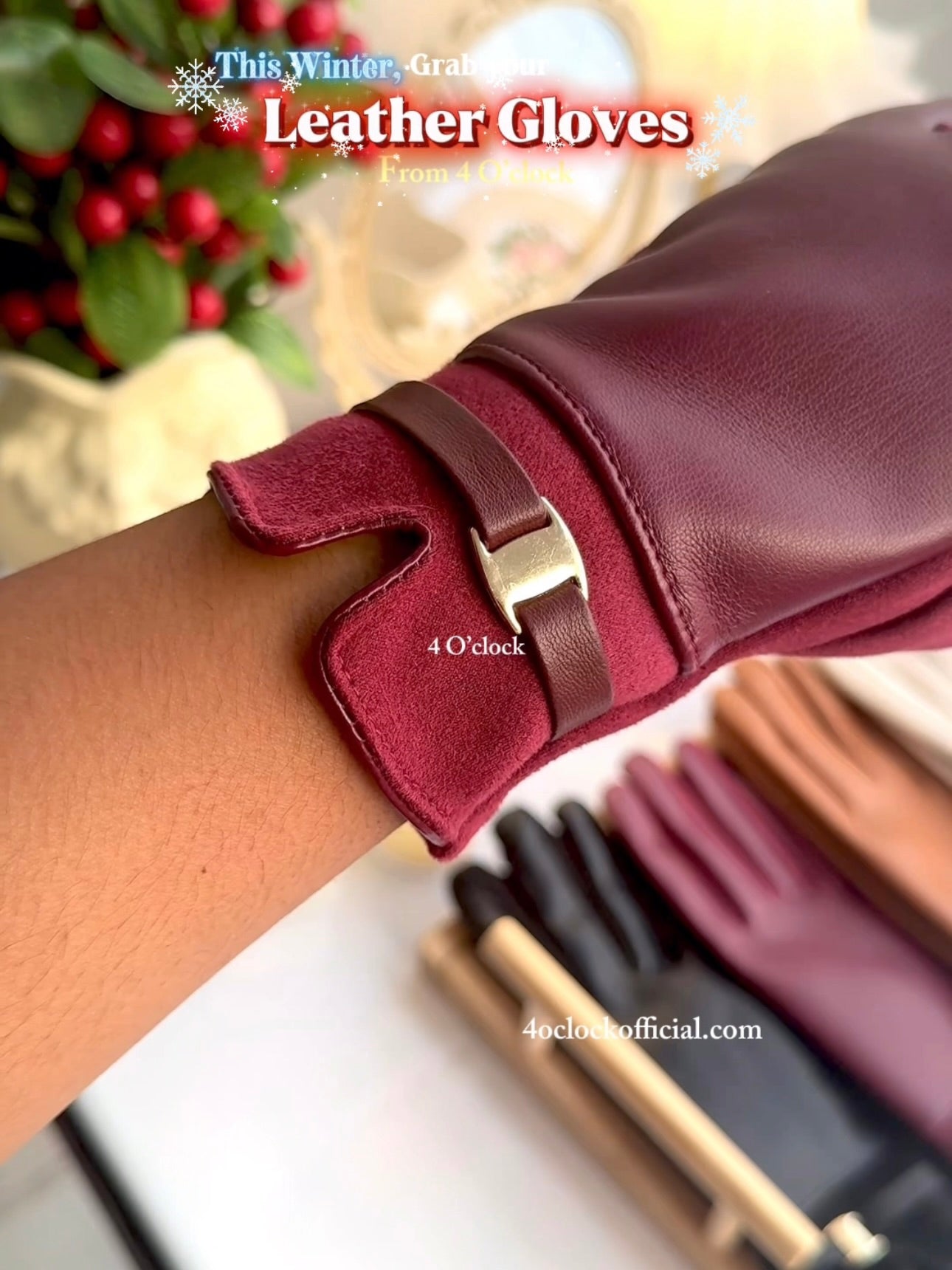 Leather Hand Gloves: Wine Red
