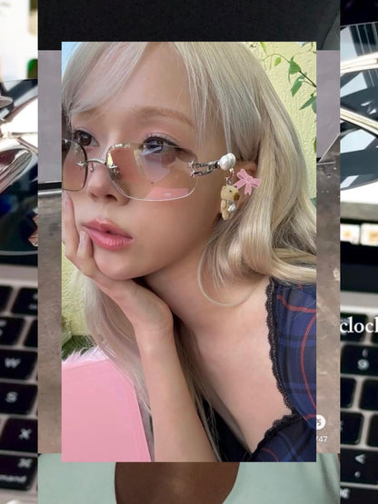 S17: Pinteresty Rimless Y2K Bow sunglasses: Pink + Grey (with box)