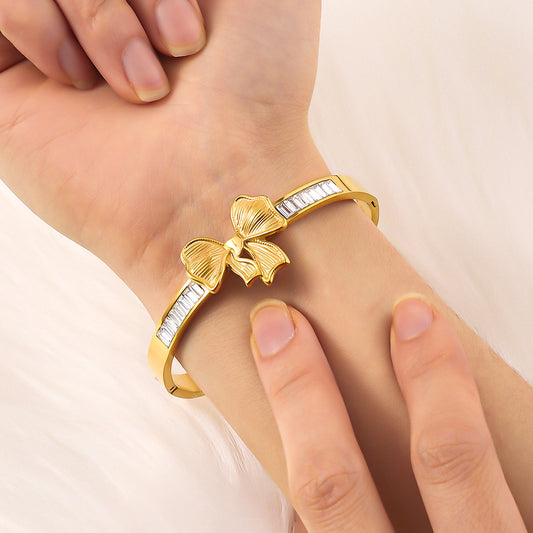 CB41: 18k Gold Plated Premium Stainless Steel Cuff Bangles: Zircon Bow