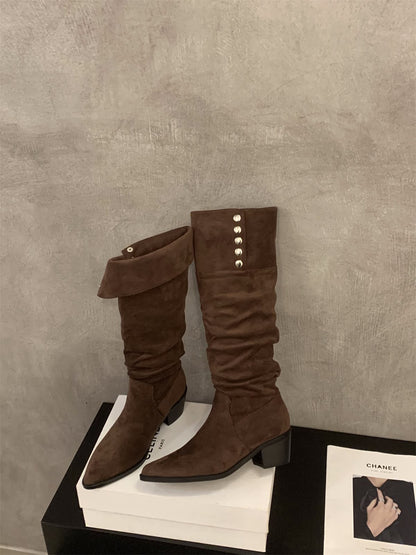 Seude Foldover Button Mid-Calf Boots: Khaki, Brown, Black (PRE ORDER ONLY)