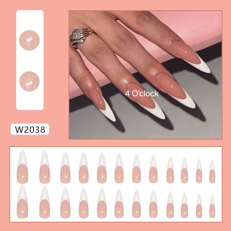 N11: Press On Nails: Stiletto French Tip (24 Pcs) - With FREE glue & kit.