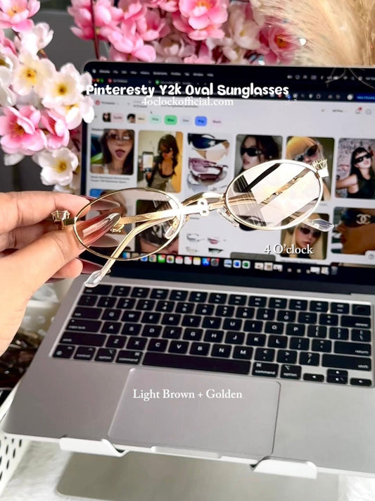 S35: Pinteresty Y2K Diamond Metal Oval Sunglasses - Light Brown + Golden (with box)