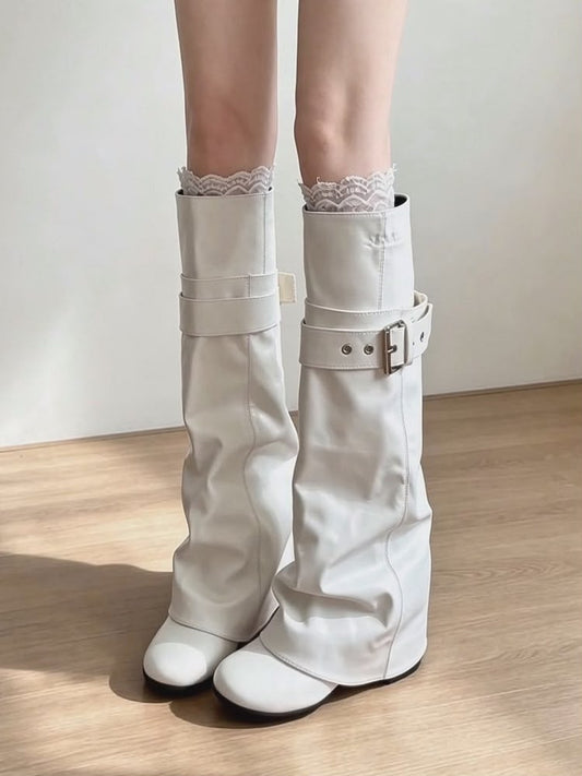 Shark Lock Slouch Boots: White, Black (PRE ORDER ONLY)