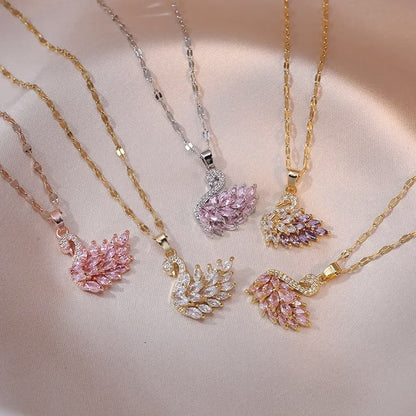 P07: 18k Gold Plated Stainless Steel Minimalist Necklace: Golden Pink Swan