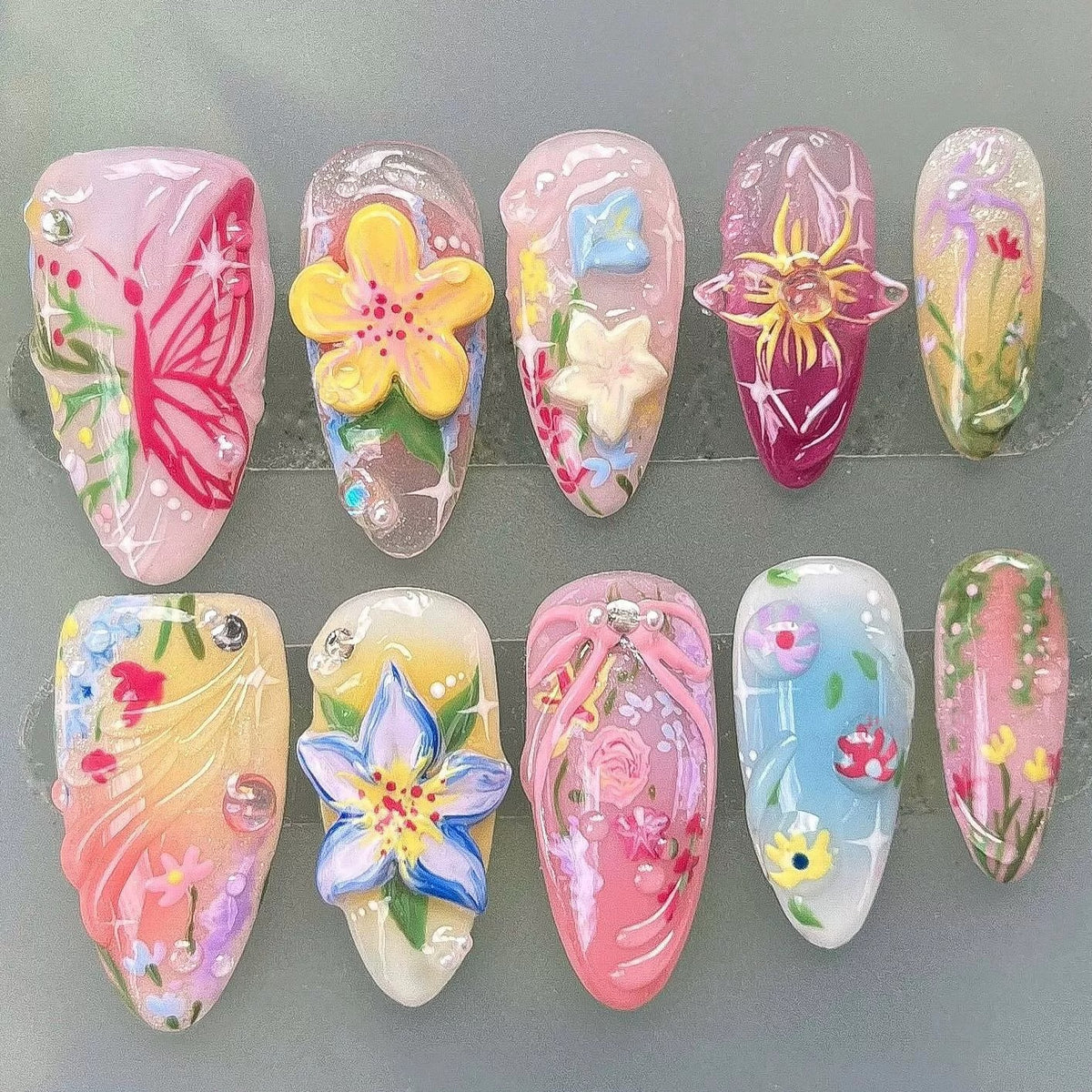 N17: Press On Nails: Spring Garden. Size XS (10 Pcs) - With 12pcs FREE glue stickers.