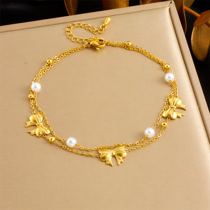 A70: 18K Gold Plated Stainless Steel Minimalist Anklet: Triple Bow