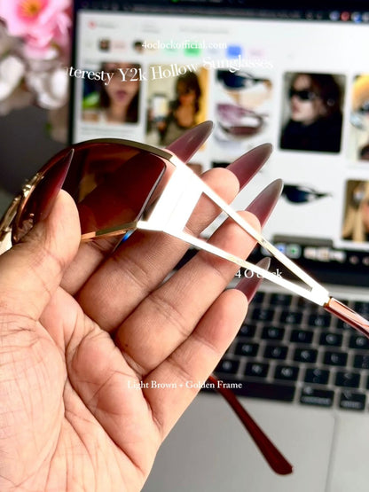 S27: Pinteresty Y2k Metal Hollow Sunglasses - Light Brown + Golden (with box) Unisex