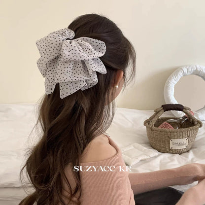 Polka Dot Fabric Bow Hair Claw Clip: White