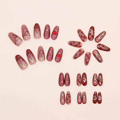 N01: Press On Nails: Red Cherry Heart. Size M (10 Pcs) - With 12pcs FREE glue stickers.