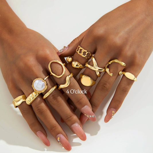 ✨RS48: Maximalistic Finger Ring Sets (Golden) - 12pcs (Adjustable-Non adjustable mixed sizes)